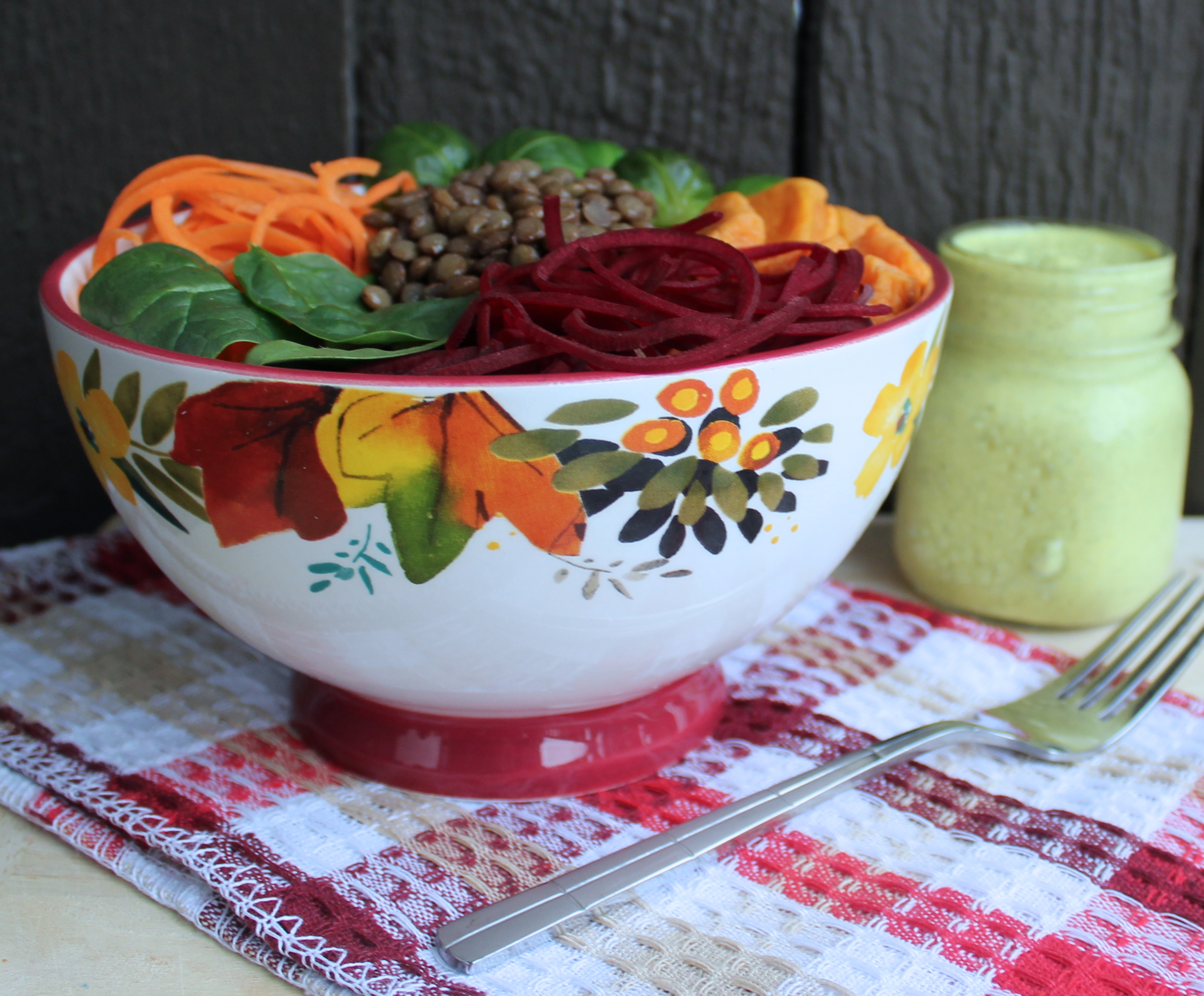 Autumn Vegetable Buddha Bowl Turmeric Ginger Hemp Dressing